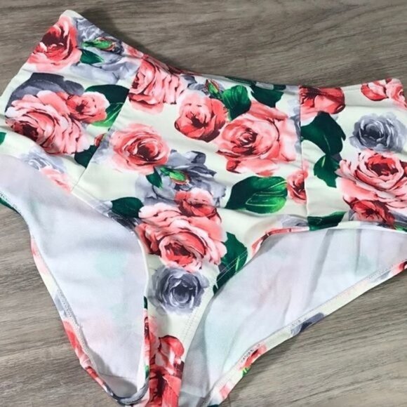 Rose Printed High Waisted Swim Bottoms - Picture 1 of 4